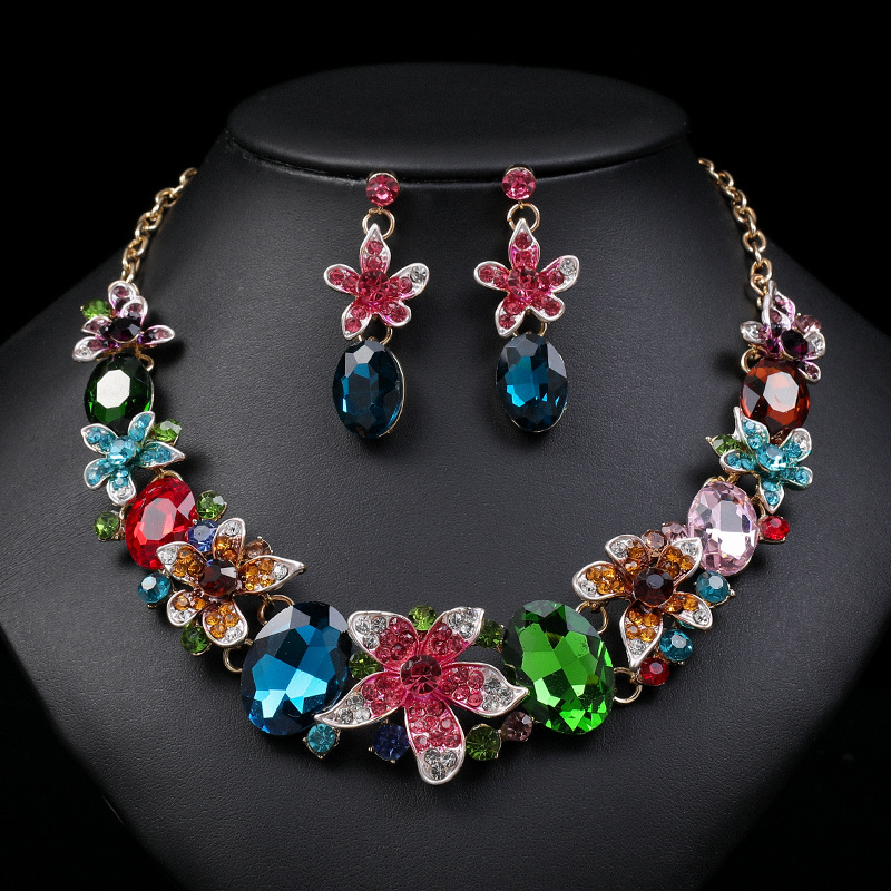 Exaggerated Necklace Earring Two-Piece Crystal Colorful Oil Painting Jewelry Set Straight Hair