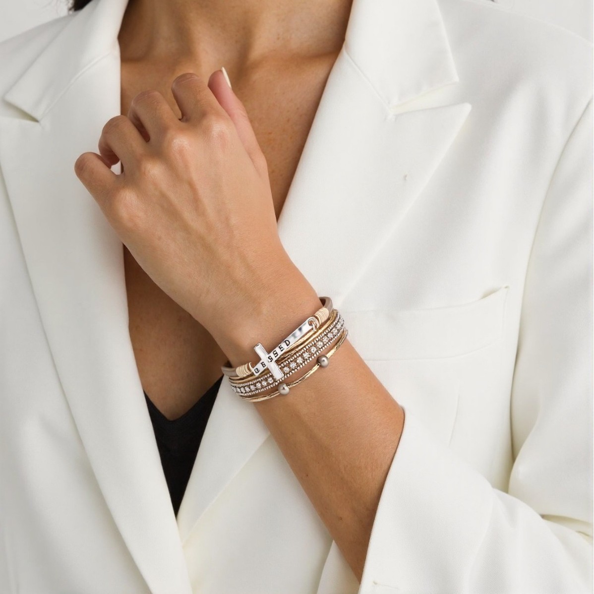 Bohemian Cross Bracelet with Micro Rhinestones Magnetic Buckle PU Leather Bracelet