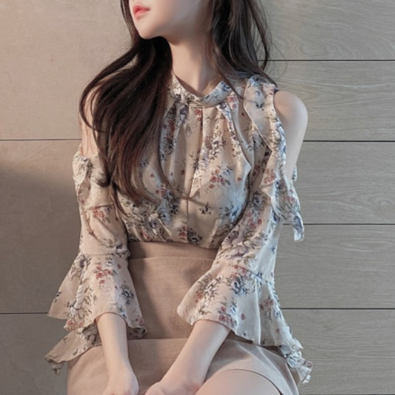 Floral Chiffon Blouse Summer Off Shoulder Top Sweet Shirt Women