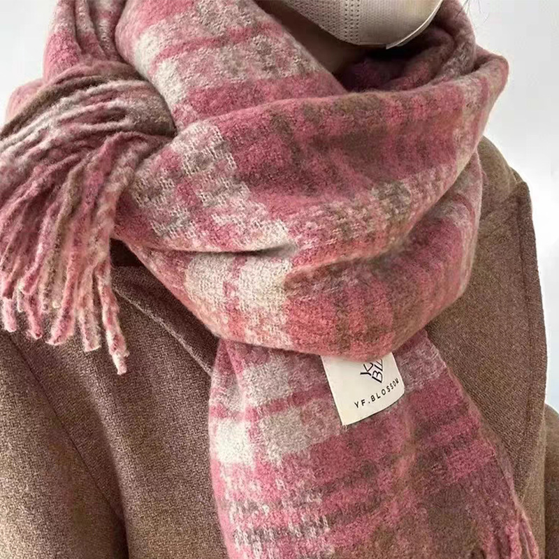 Plaid scarf women warm new dry rose pink autumn and winter color bright soft tassel shawl neck scarf