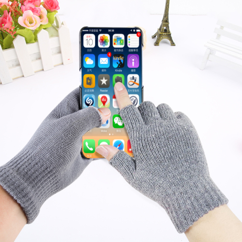 Half-Finger Gloves Unisex Autumn Winter Warm Anti-Cold Solid Color Knitted Two-Finger Exposed Touch Screen Cycling Gloves
