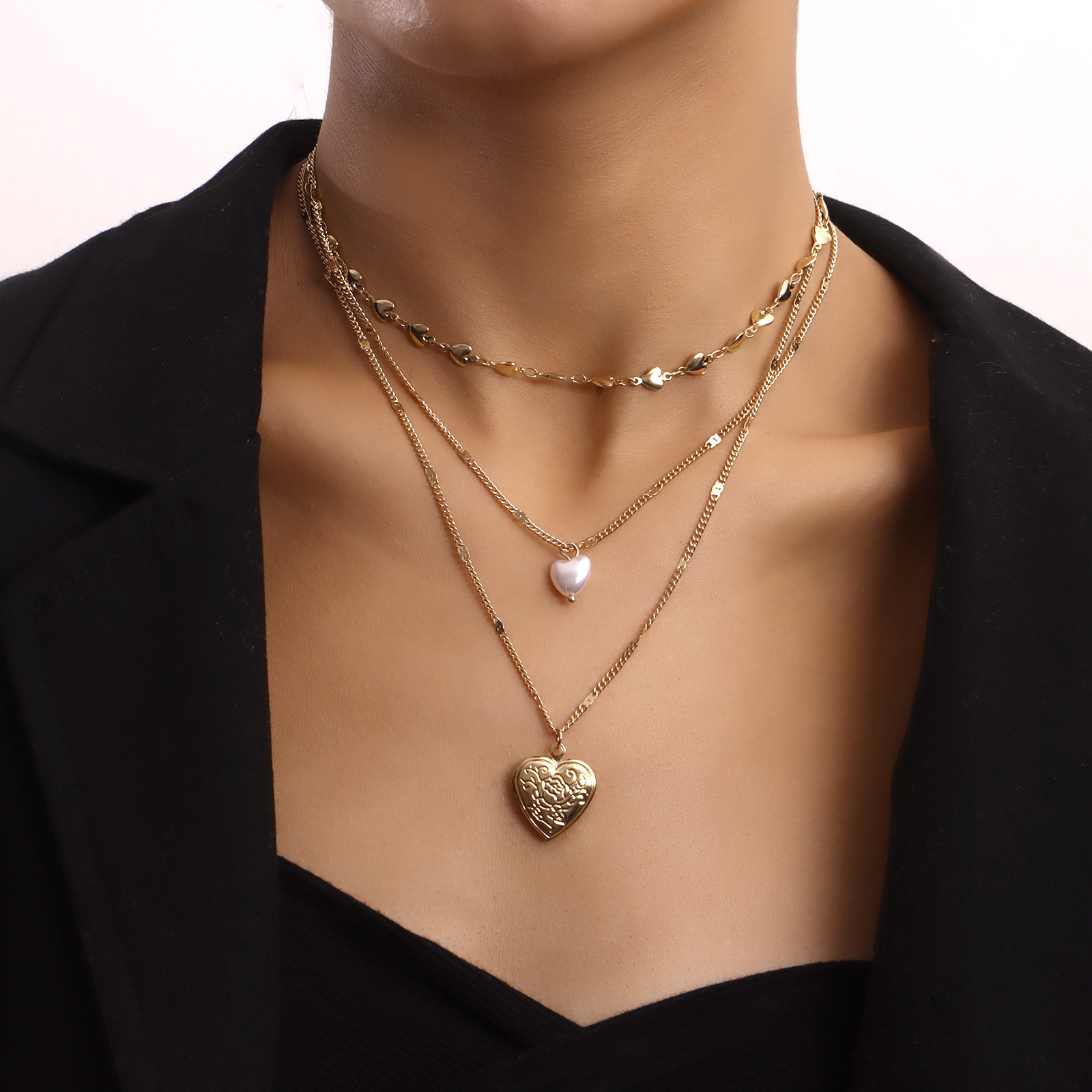 Accessories Multi-layer Love Chain Pearl Openable Heart Pendant Necklace for Women