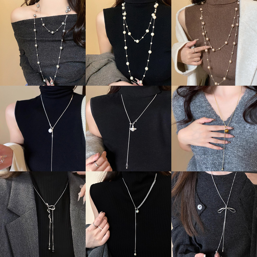 Luxury Socialite Style Layered Pearl Necklace Women Autumn Winter Sweater Chain Accessories