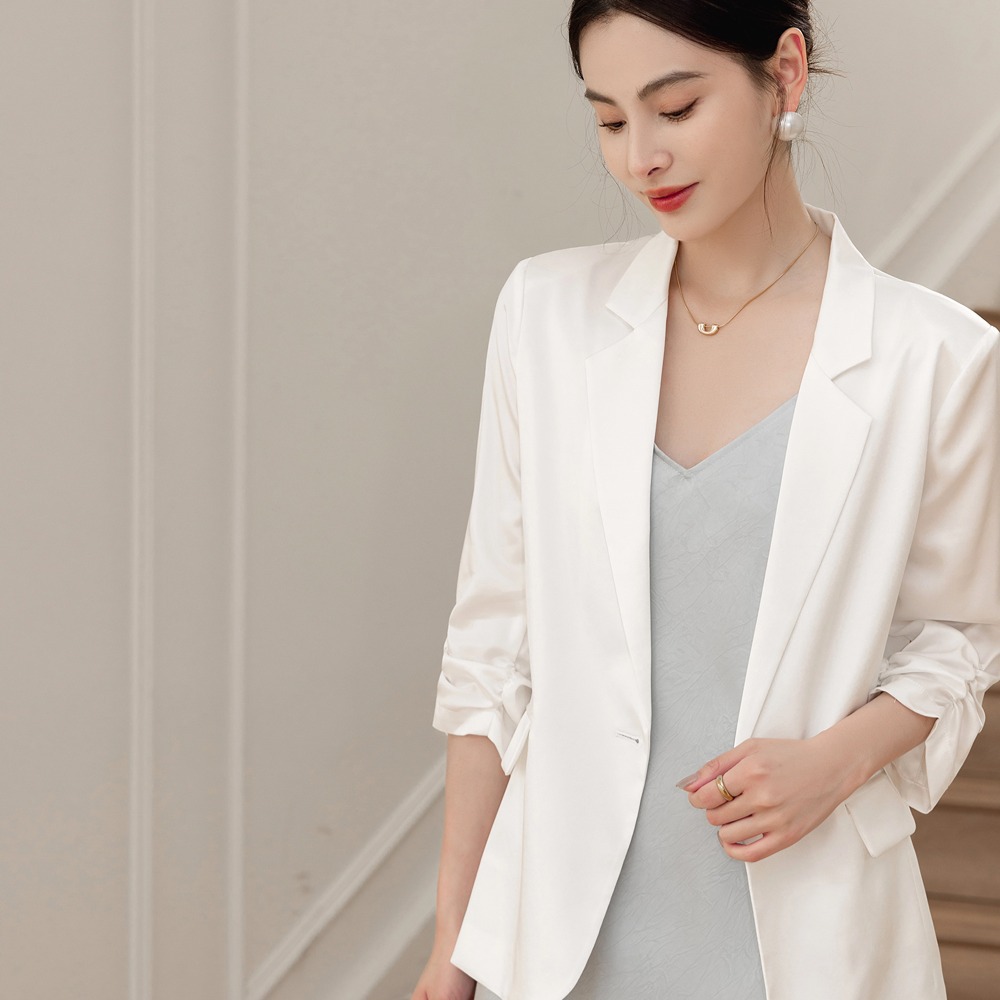 Acetate satin three-quarter sleeve suit jacket 2026 summer solid color blazer women