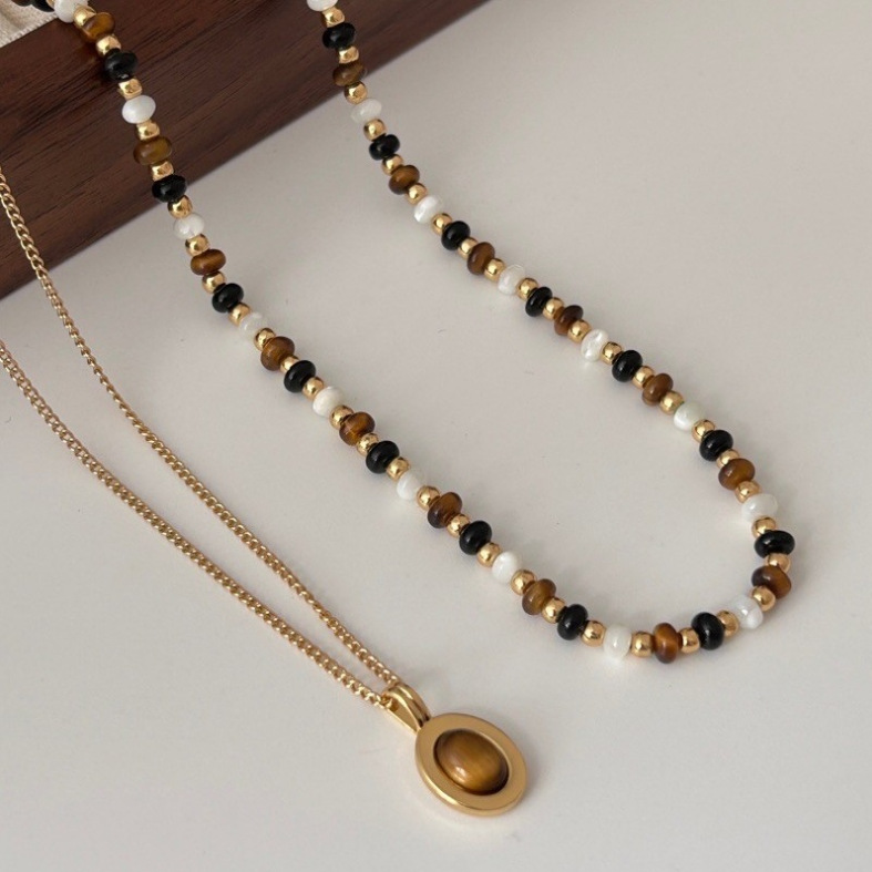 Tiger eye stone mother-of-pearl agate natural bead necklace for women new Chinese-style sweater chain