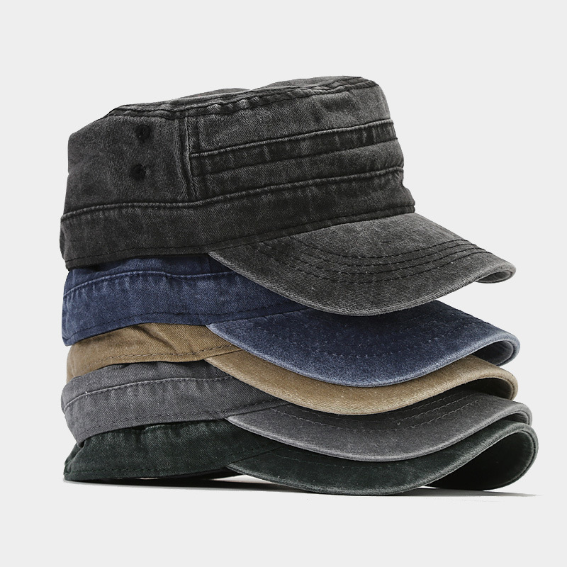 British Washed Distressed Flat Top Sailor Cap, Military Training Plain Solid Color Military Cap for Men and Women, Short Brim Sun Duckbill Cap
