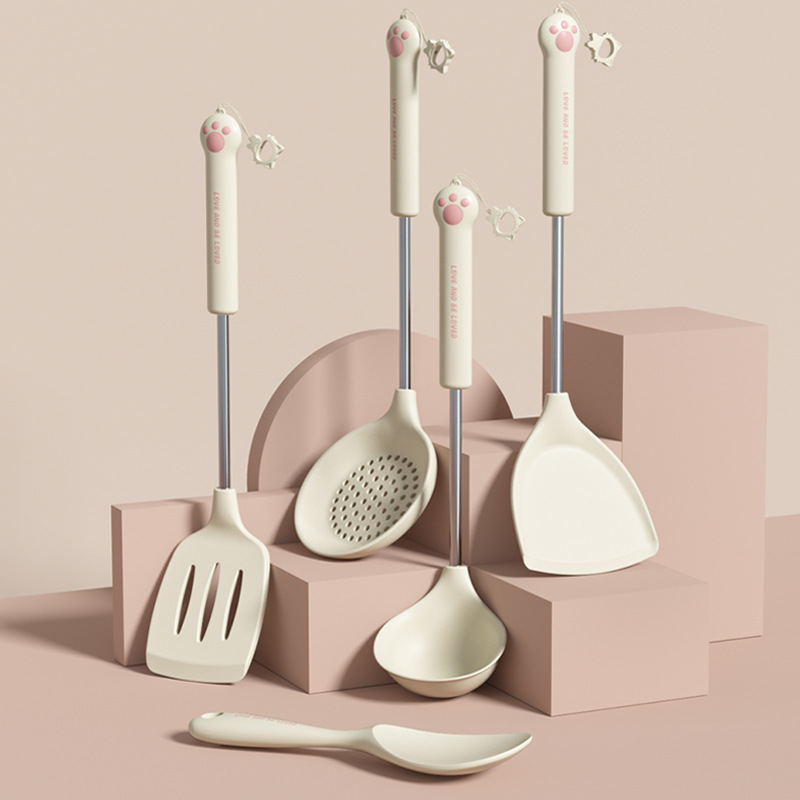 Cat paw cute style silicone kitchen utensil five-piece set, spatula, kitchen slotted spoon, rice spoon, non-stick pan silicone spoon