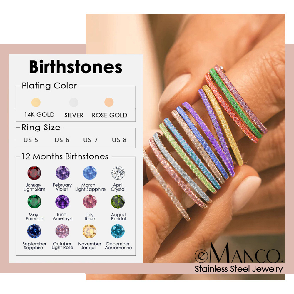 eManco Colorful Rhinestone Ring Full Diamond Stainless Steel Ring Birthstone Zircon Ring Minimalist Index Finger Ring