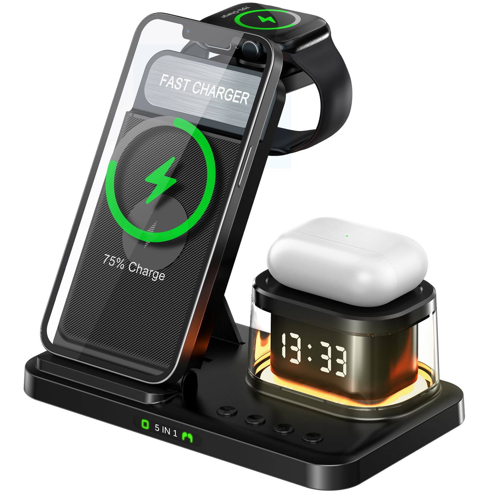 2024 5-in-1 Clock Night Light Wireless Charger for Apple Family Foldable Multifunctional Charging Stand
