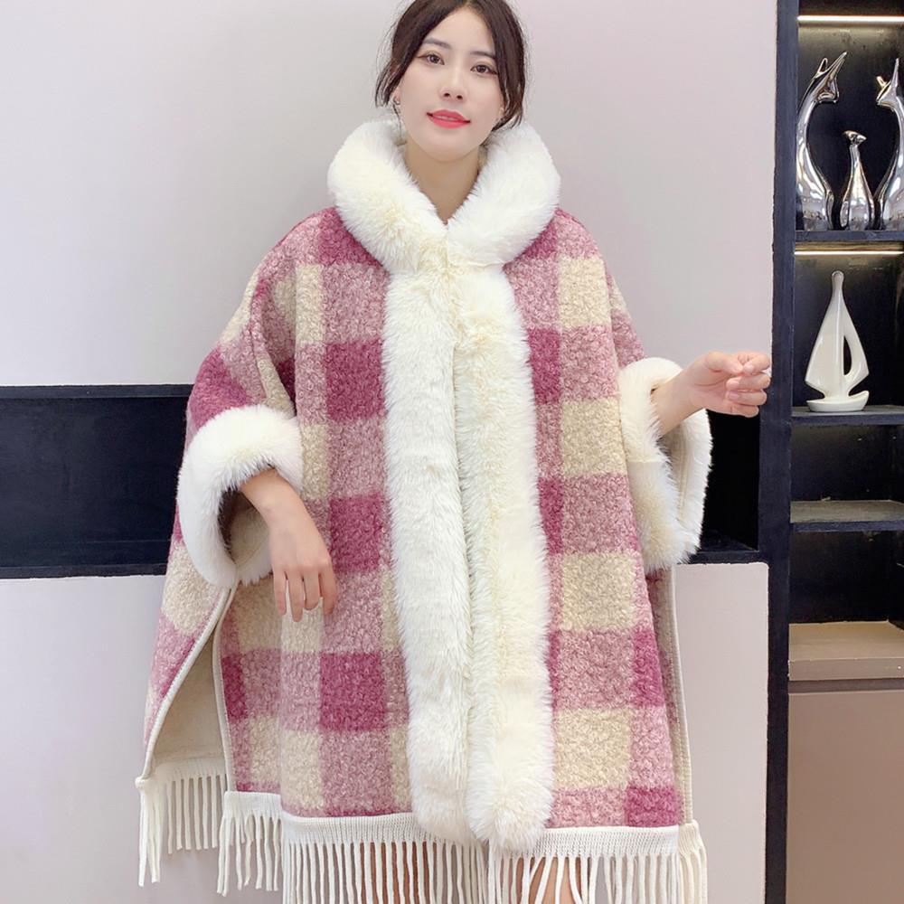 Live Autumn Winter New Plaid Tassel Fleece Lined Thickened Hooded Cape Shawl Fur Collar Warm Coat