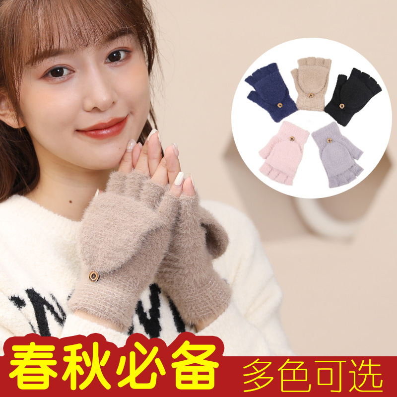 Imitation Mink Fur Gloves Women Autumn Winter New Warm Anti-Cold Fleece-Lined Thickened Outdoor Flip-Top Magic Gloves