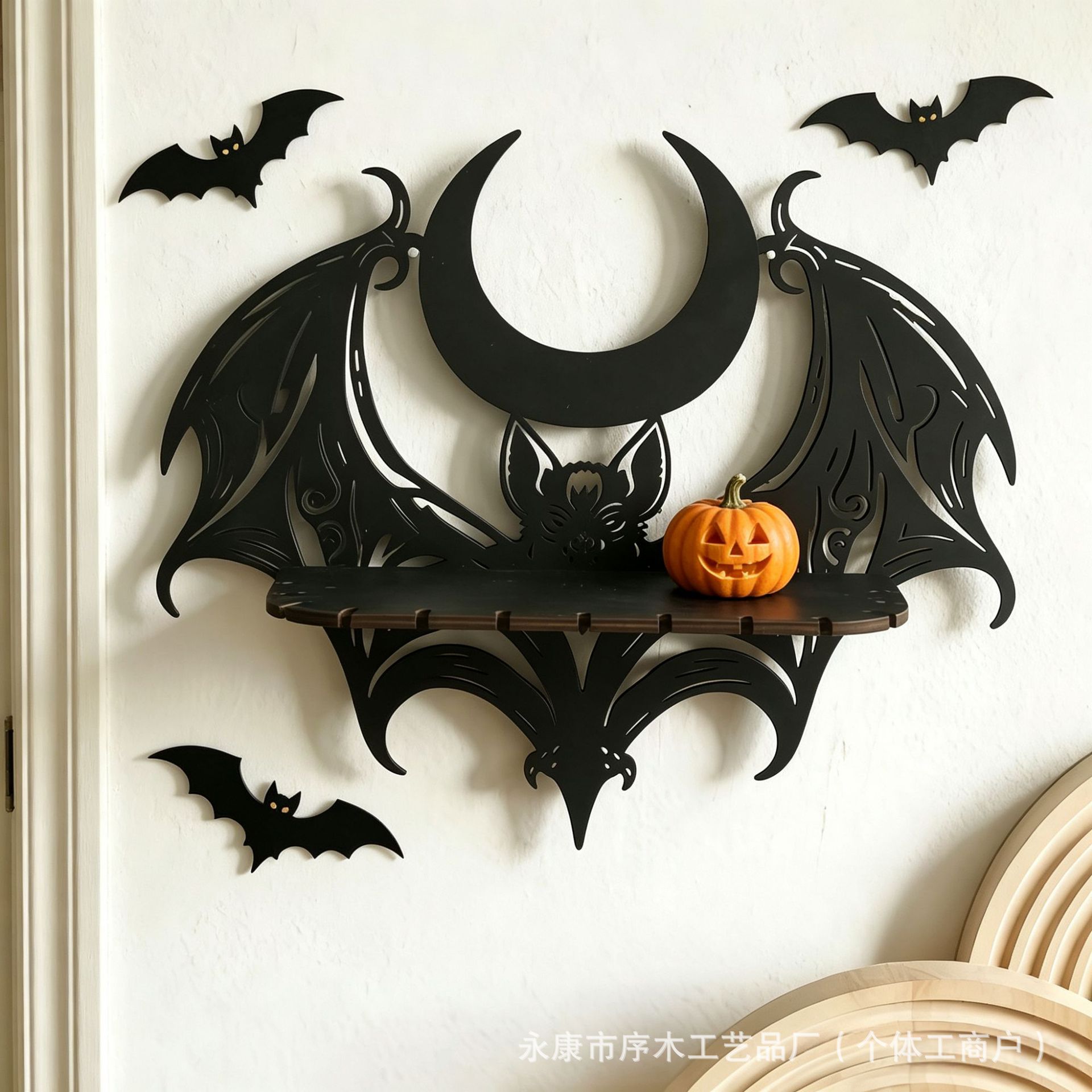 New Halloween Wooden Hollow Bat Crystal Wall Shelf Simple Home Bedroom Decoration