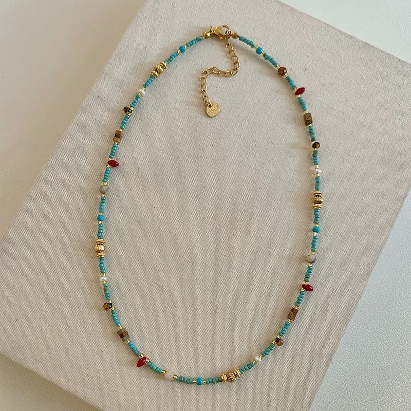 Natural stone turquoise bead necklace women's 2025 new collarbone chain neck chain