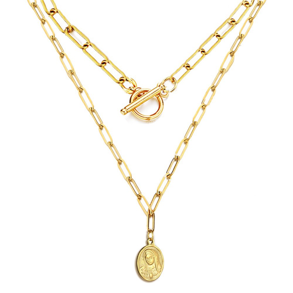 Minimalist versatile stainless steel paperclip necklace with figure round pendant double-layer necklace