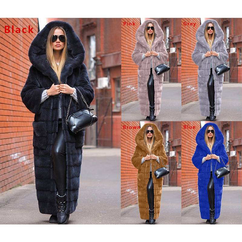 New autumn fashion faux fur jacket hooded cotton-padded jacket thickened and lengthened plush women's coat trench coat eco-friendly fur