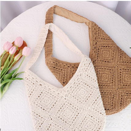 Single Shoulder Cotton Thread Woven Bag Handmade Straw Bag Women's Large Capacity Tote Bag Beach Vacation Beach Bag