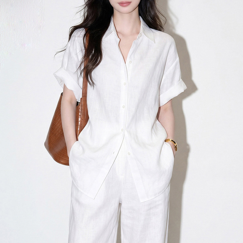 Old Money Style Cotton-Linen Suit Casual Women's Minimalist Linen White Short-Sleeve Shirt