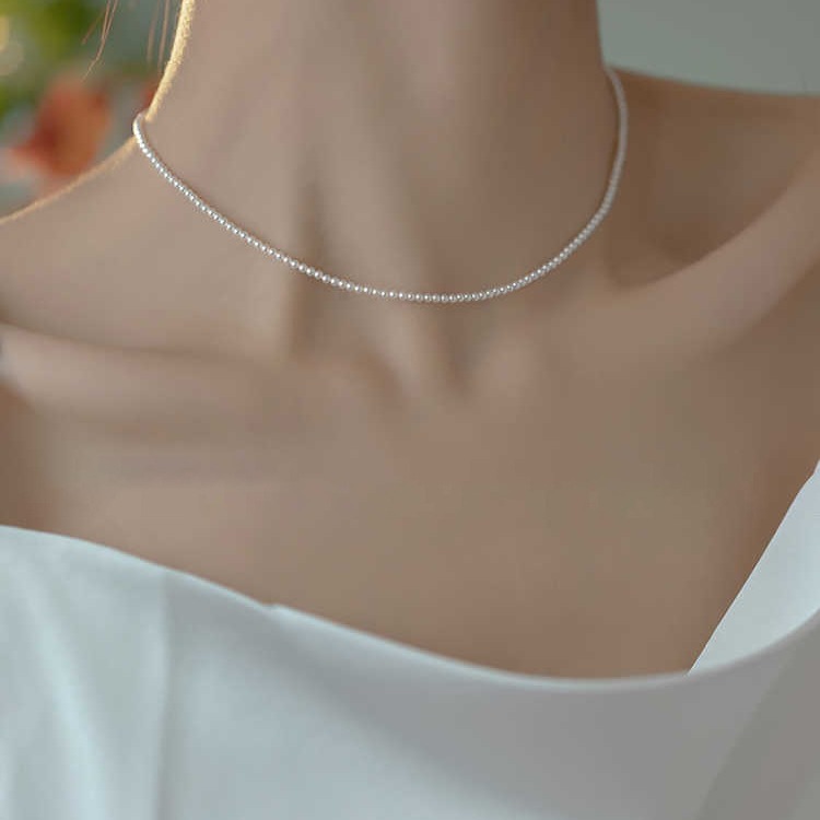 2mm extra small round round flawless strong light pearl sterling silver necklace women's fine clavicle chain 2024