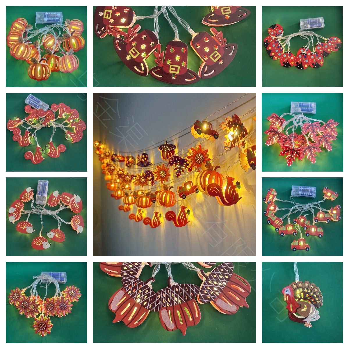 LED Pumpkin Maple Leaf Turkey Squirrel Sunflower Light Hedgehog Ladybug Light String Harvest Thanksgiving Decorative Lights