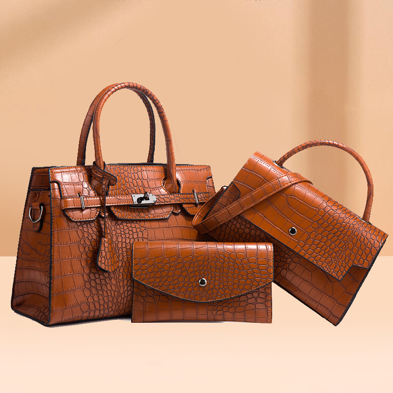 2026 new autumn winter crocodile pattern handbag crossbody bag large capacity three-piece set mother-child bag