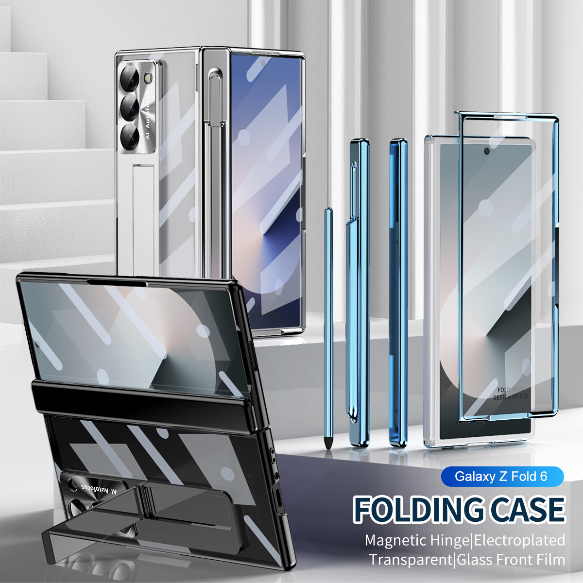 For Samsung Z Fold7/6 Phone Case Dual Hinge Pen Slot with Pen Electroplated Transparent Case Film Full Coverage Protective Case