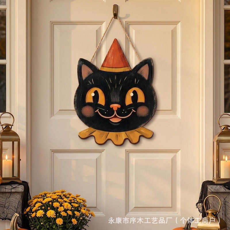 Halloween Wooden Home Door Sign Hanging Decoration Ghost Black Cat Pumpkin Owl Home Craft Gift