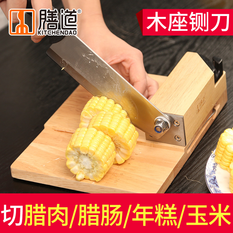 Shandao Wood Base Guillotine, Stainless Steel Rice Cake Knife, Small Slicer for Bacon, Nougat, Aji Gao
