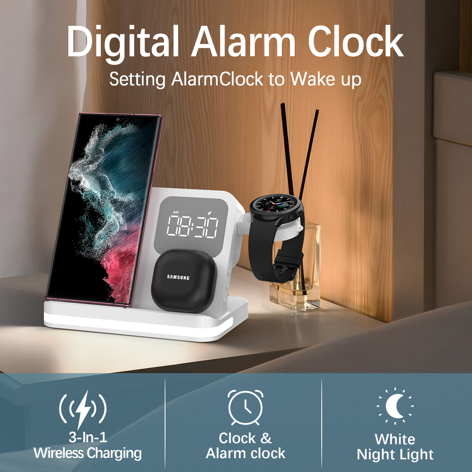 For Huawei Apple Samsung Phone Earphone Watch Clock Alarm Lamp 4-in-1 Wireless Charger
