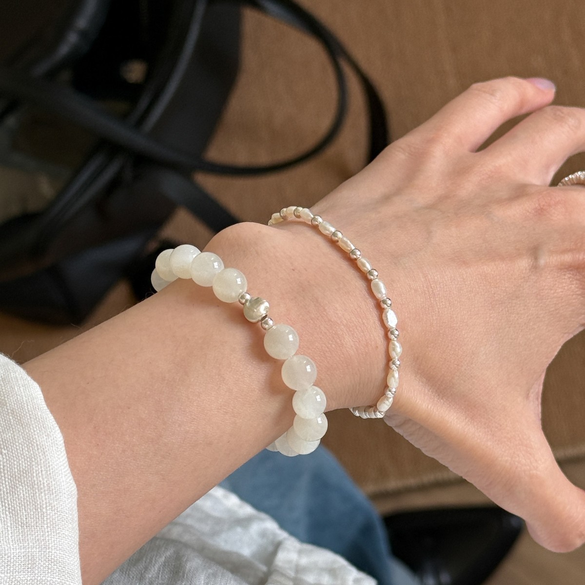 Natural white moonstone all S925 sterling silver simple cool minimalist cat eye bead bracelet for women