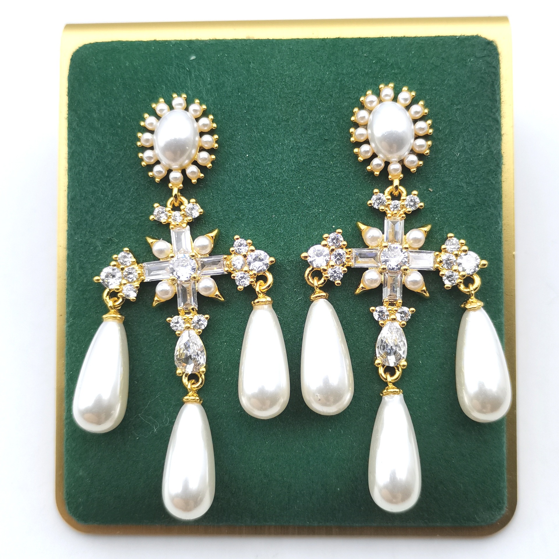 New super fairy cross drop pearl earrings S925 silver needle super fairy luxury ear jewelry