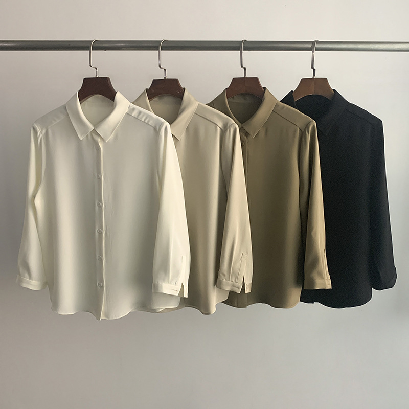 Heavyweight silk three-quarter sleeve shirt, simple high-quality commuting OL short blouse for women