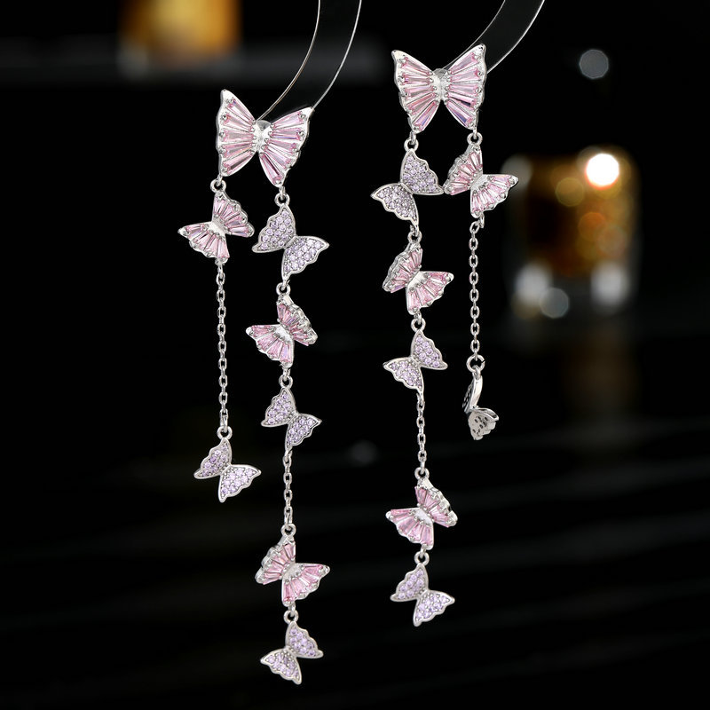 s925 Silver Needle Super Fairy Zircon Inlaid Face-Shaping Earrings Long Tassel Flying Butterfly Earrings