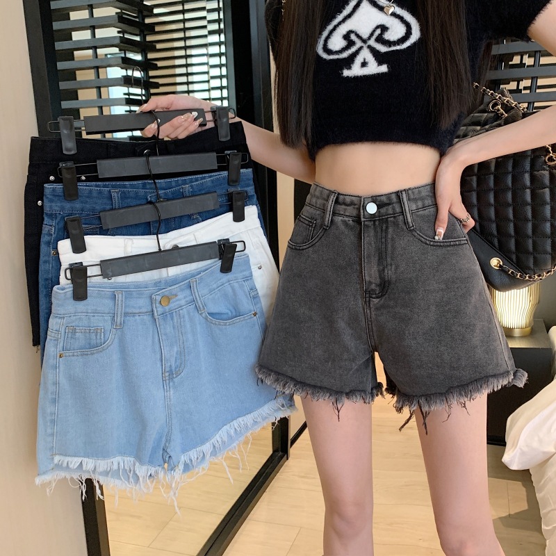 Summer New Denim Shorts Women High-Waist Loose Frayed Straight-Leg Wide-Leg Hot Pants