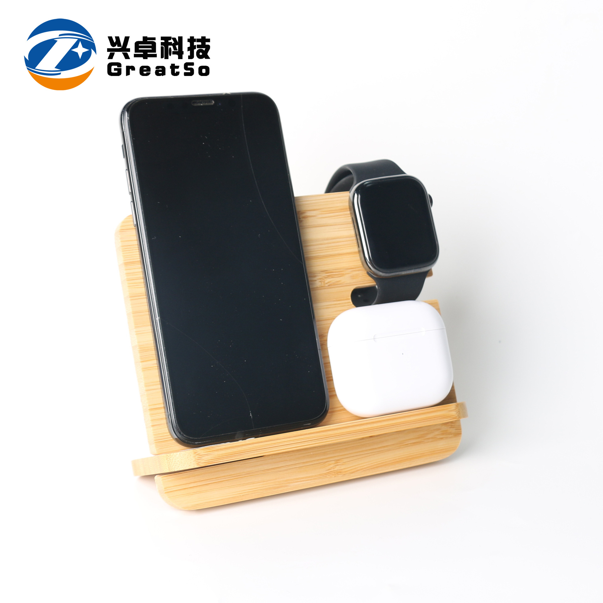Eco-friendly bamboo three-in-one wireless charger vertical stand multi-function wood wooden bamboo wireless charger