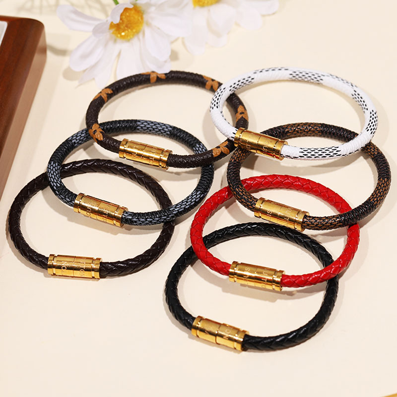 Vintage Pattern Leather Couple Rope Bracelet Stainless Steel Double Magnetic Bangle for Men and Women