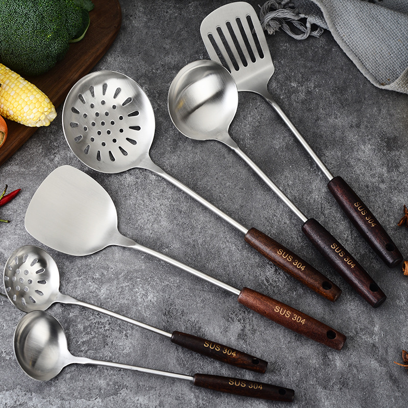 304 stainless steel cooking spatula spoon kitchen utensils anti-scald wooden handle spatula household frying spatula pan