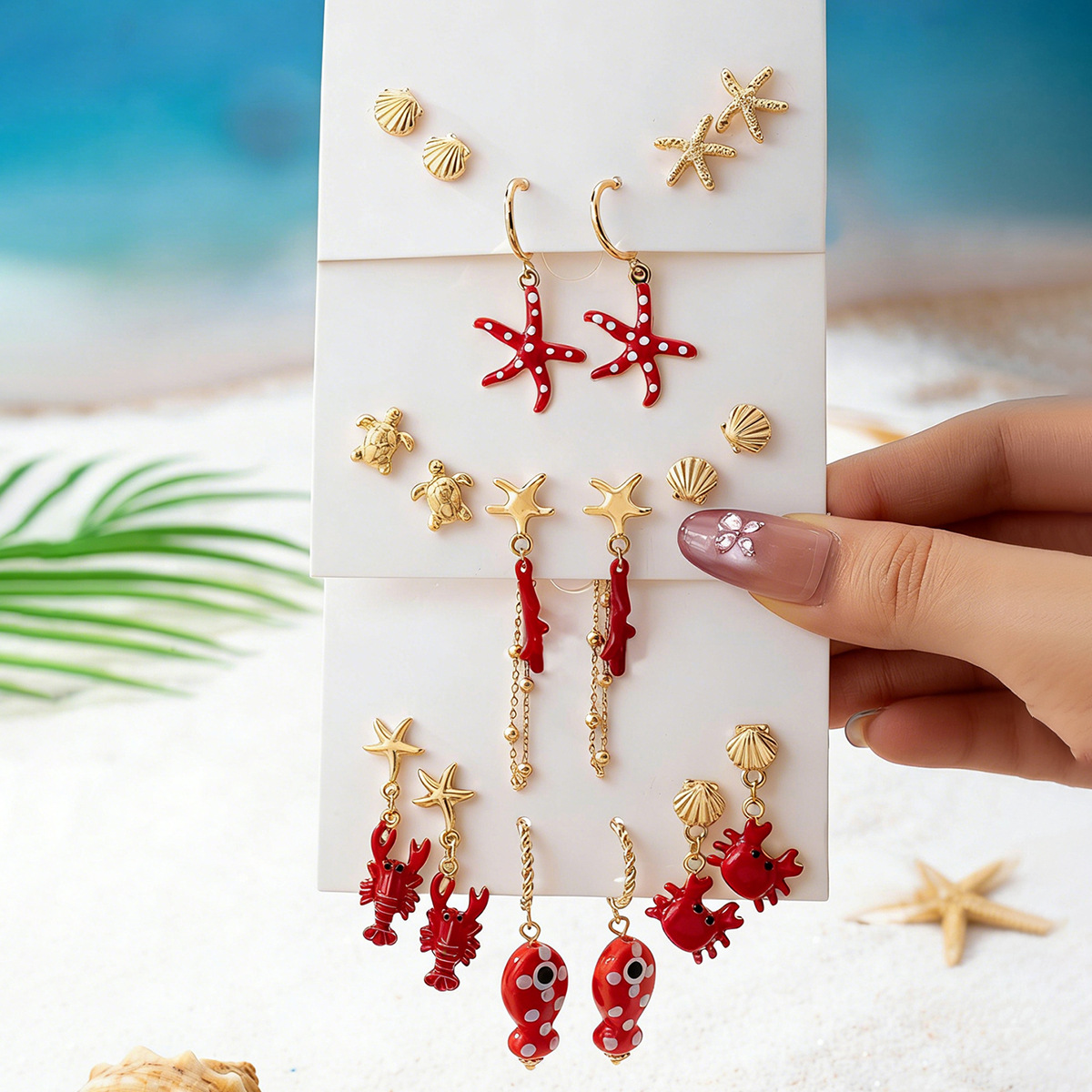 Qingdao Daiwei Starfish Small Fish Shell Fruit Set Earrings, Suitable for Women's Vacation Wear