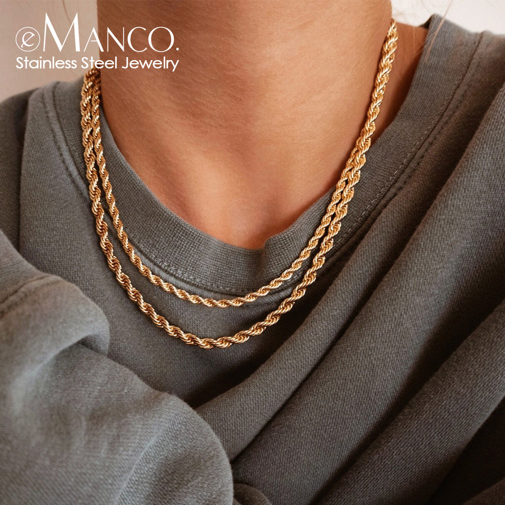 eManco Titanium Steel Necklace Gold Plated Twist Chain Men Women Stainless Steel Collarbone Chain Necklace