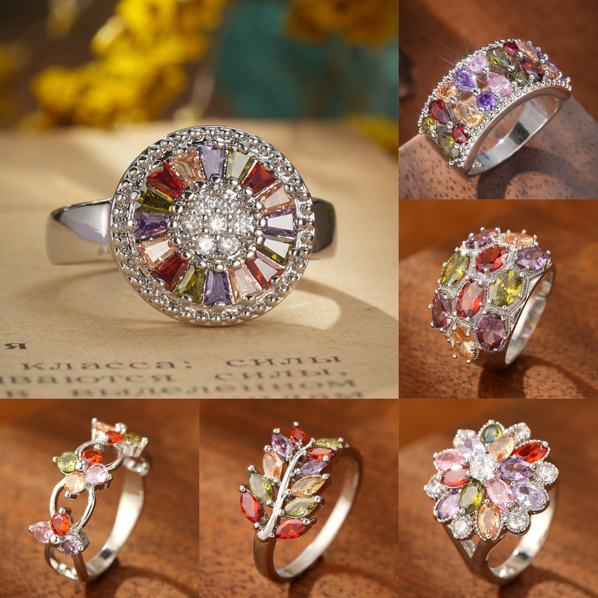 Colored Gemstone Ring Fashion Jewelry Rainbow Color Zircon Jewelry Flower Women's Ring