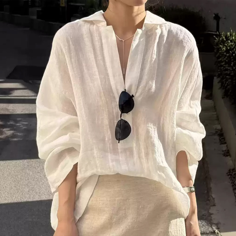 Self-Retained~ Casual White Linen Shirt Women's Summer Sun Protection Top