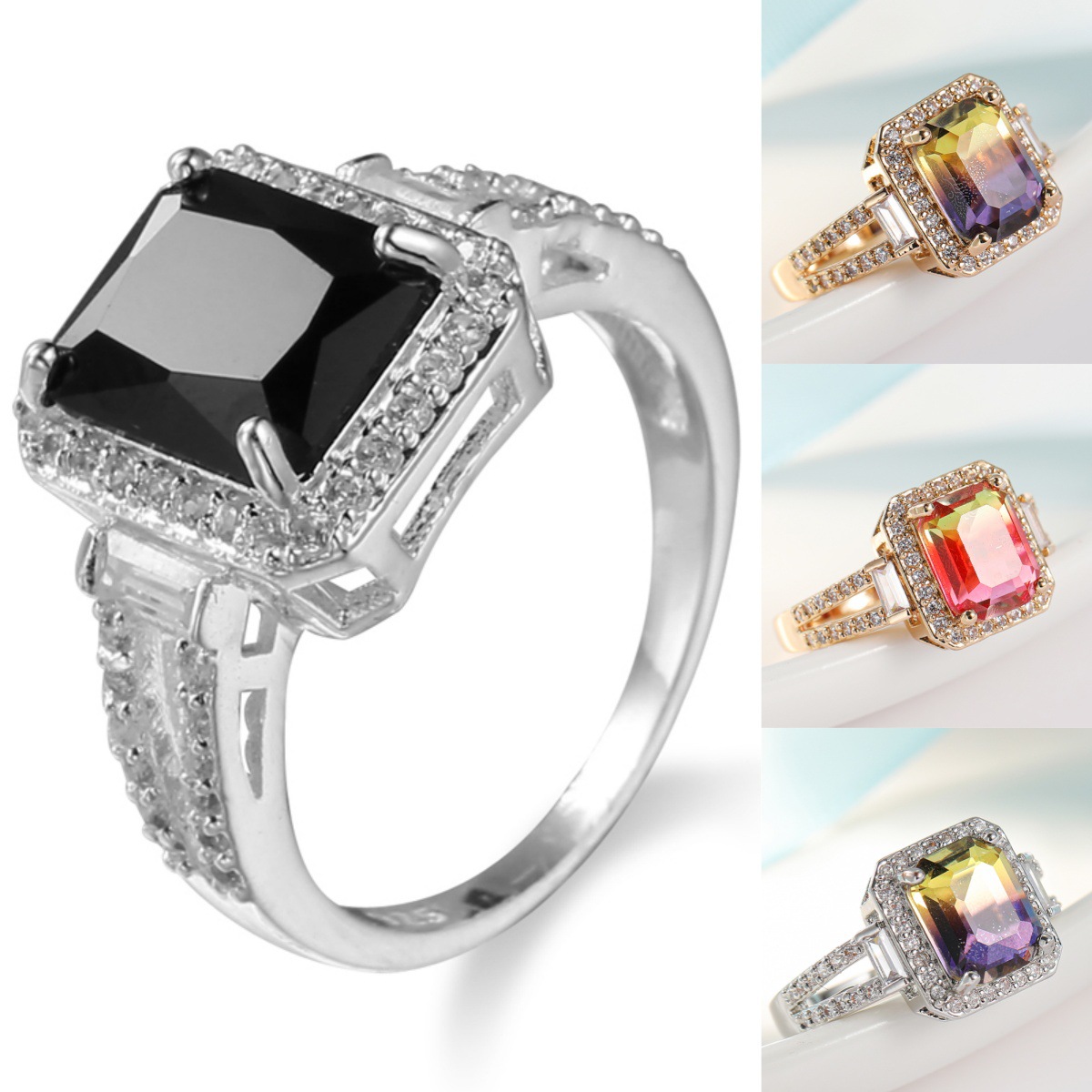 Independent Station Ring Couple Tourmaline Color Ring Men's and Women's Black Zircon Jewelry