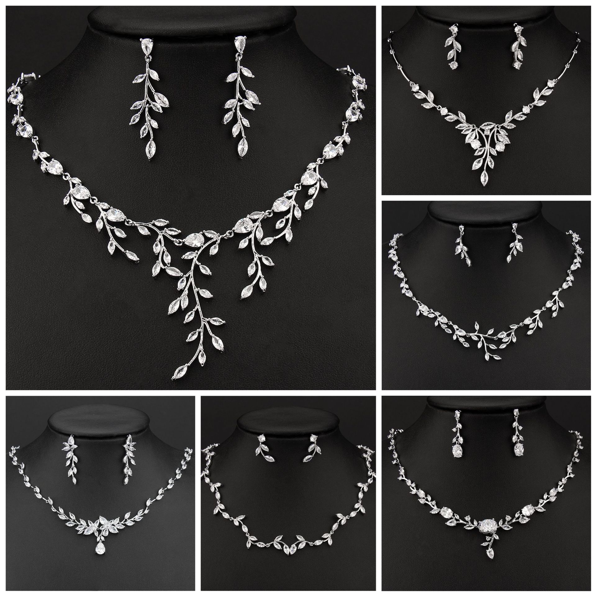 Leaf copper zircon necklace earring jewelry two-piece set bridal accessory gift women