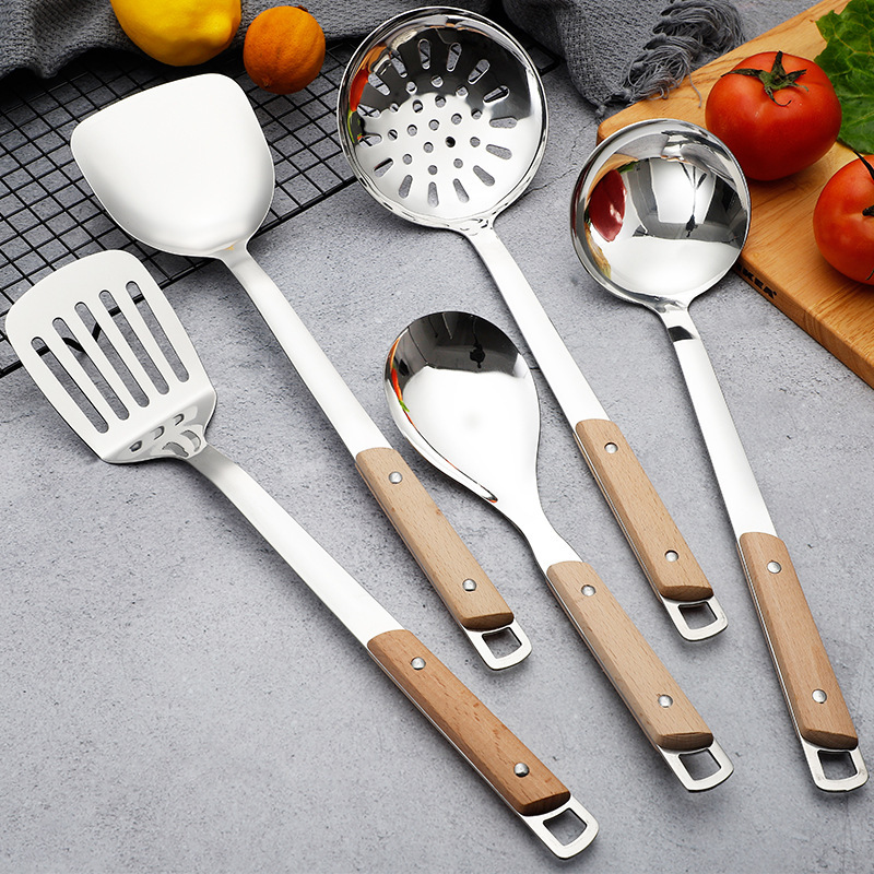 201 non-magnetic stainless steel spatula, soup spoon kitchen set, kitchen cooking household solid wood handle frying spatula, slotted spoon logo