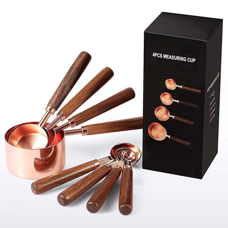 Walnut wood stainless steel measuring spoon measuring cup set 8-piece set with scale baking tool 4-piece set rose gold spoon