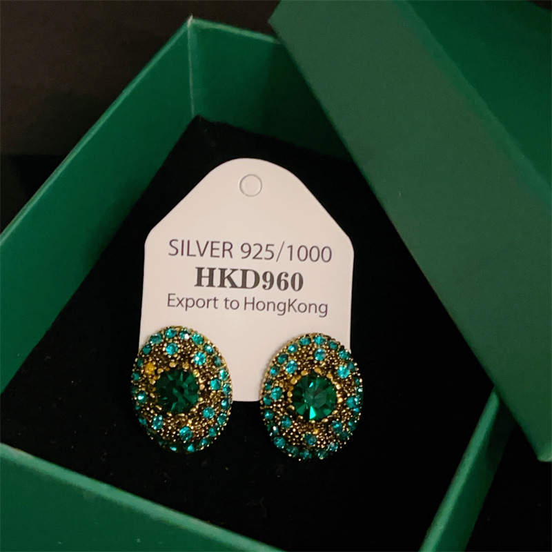 Wind Green Heavy Craft Gemstone Ear Studs Vintage Geometric Colorful Gem Earrings Ear Accessories