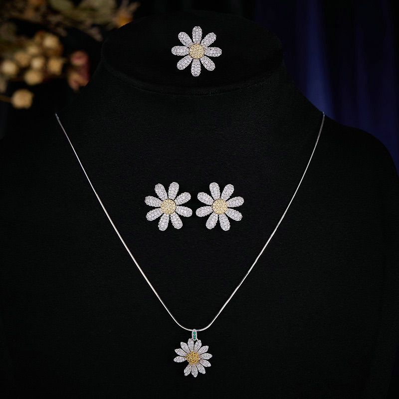 Zircon-Inlaid Daisy Sunflower Earrings Necklace Ring Jewelry Set Niche Clavicle Chain for Women