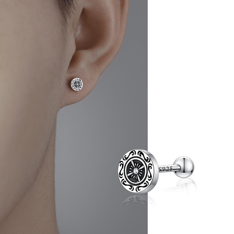 925 silver needle earrings for men, vintage ship wheel ear bone stud single earring not easy to allergy for men