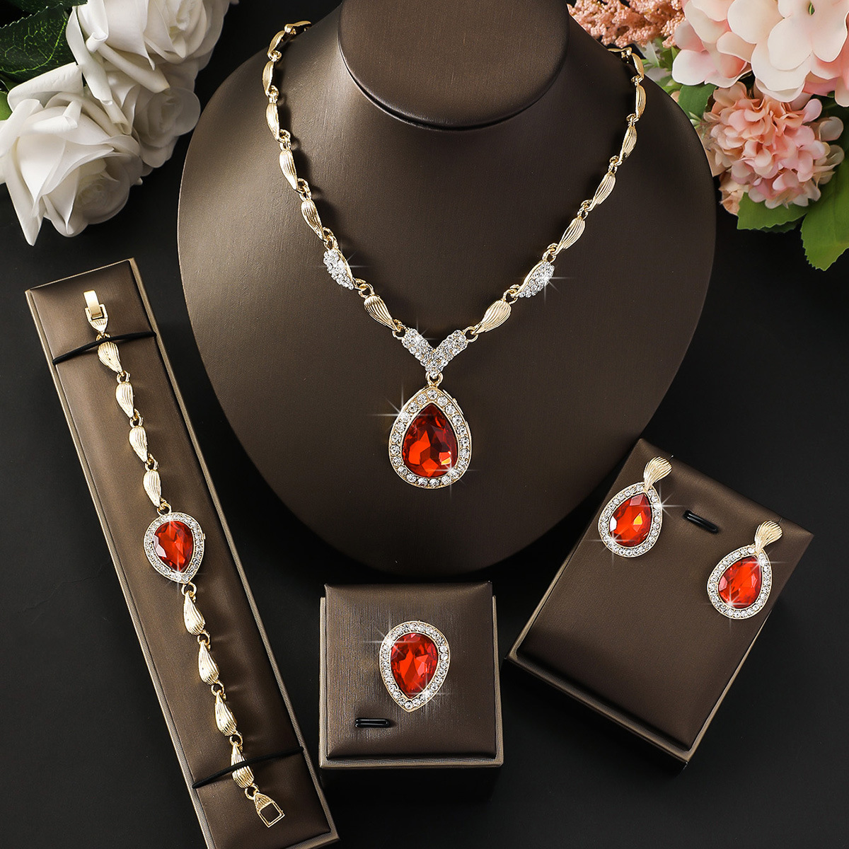 Bride Alloy Jewelry Set Teardrop Pendant Necklace Earrings Bracelet Ring Four-Piece