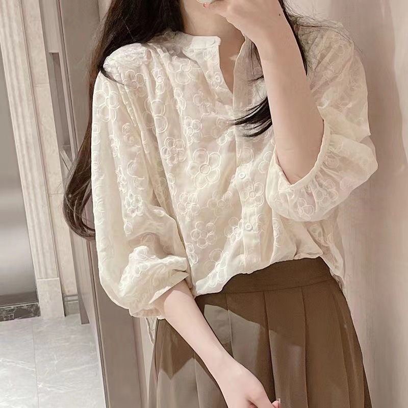 Salt-style Women's Blouse Embroidery Crochet Medium Sleeve Breathable Shirt Loose Top