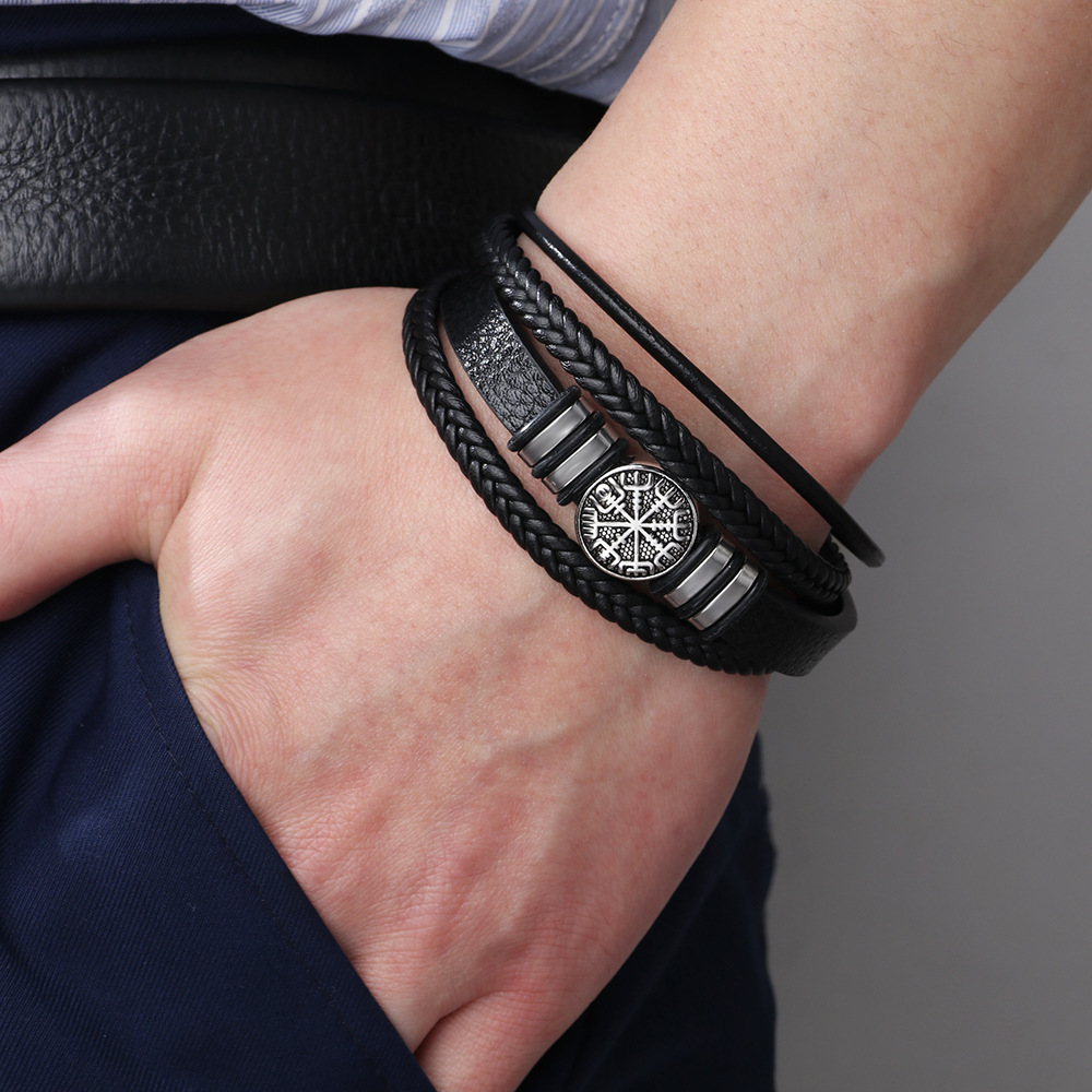 Woven Leather Rope Bracelet Punk Style Multi-layer Men's Bracelet Chain Compass